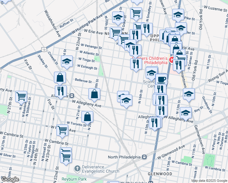 map of restaurants, bars, coffee shops, grocery stores, and more near 3305 North Gratz Street in Philadelphia
