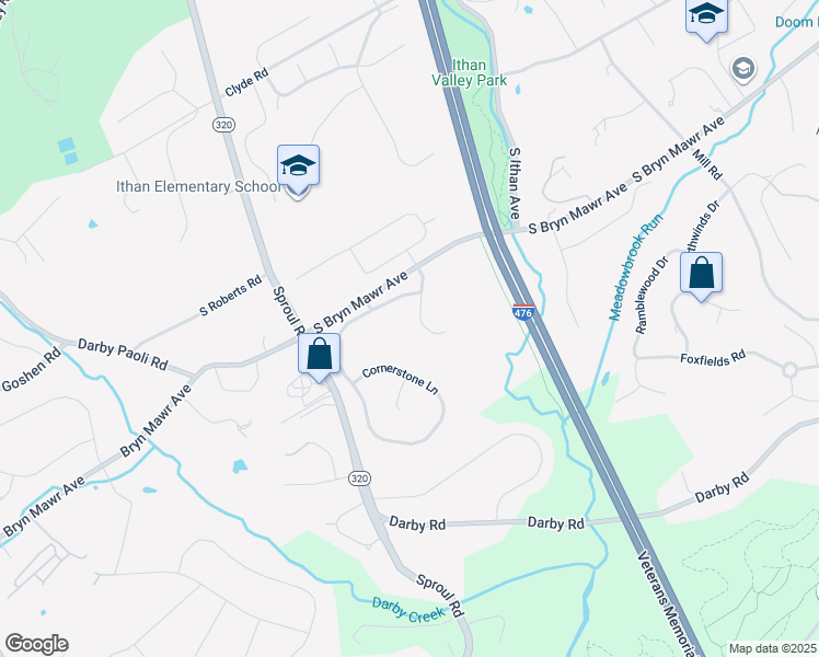 map of restaurants, bars, coffee shops, grocery stores, and more near 8 Stone Creek Lane in Bryn Mawr