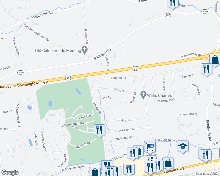 map of restaurants, bars, coffee shops, grocery stores, and more near 3303 Sylvan Drive in Thorndale