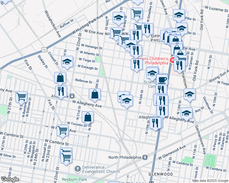 map of restaurants, bars, coffee shops, grocery stores, and more near 3305 North Gratz Street in Philadelphia