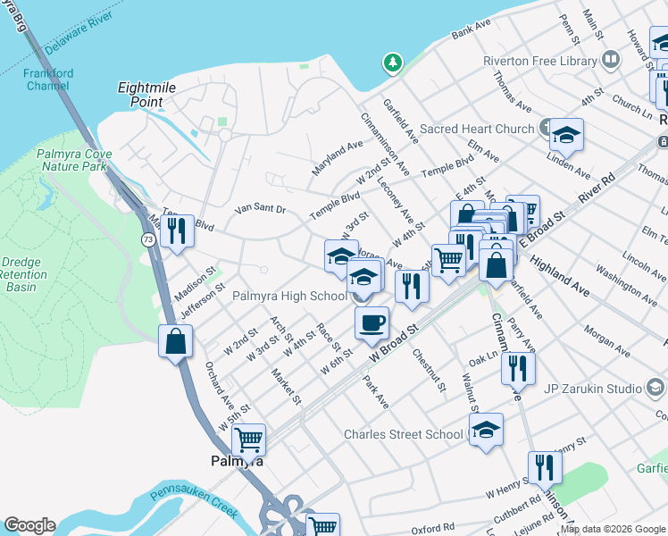 map of restaurants, bars, coffee shops, grocery stores, and more near 227 Horace Avenue in Palmyra
