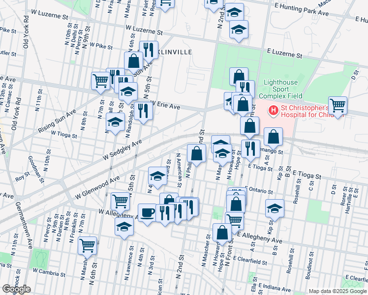 map of restaurants, bars, coffee shops, grocery stores, and more near 238 West Glenwood Avenue in Philadelphia