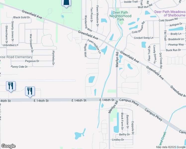 map of restaurants, bars, coffee shops, grocery stores, and more near 14766 White Tail Run in Noblesville