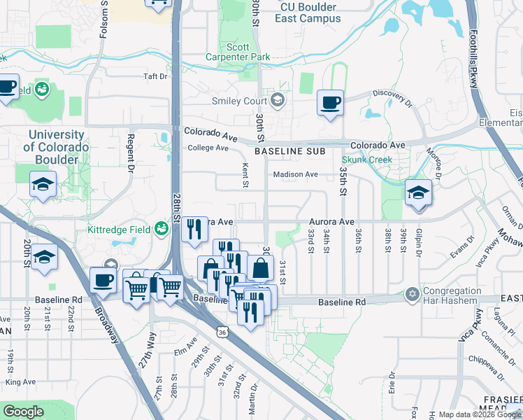 map of restaurants, bars, coffee shops, grocery stores, and more near 925 30th Street in Boulder