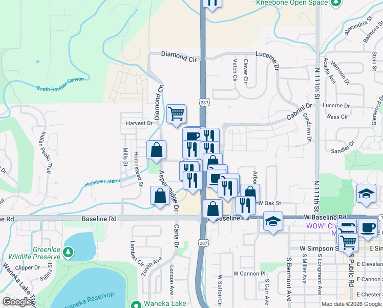 map of restaurants, bars, coffee shops, grocery stores, and more near 1137 Diamond Circle in Lafayette
