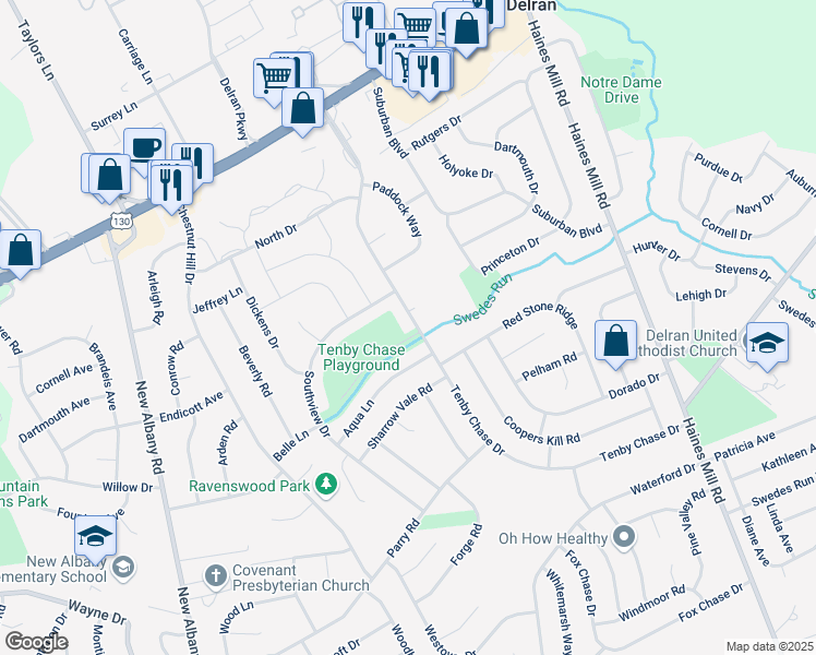 map of restaurants, bars, coffee shops, grocery stores, and more near 251 Tenby Chase Drive in Delran