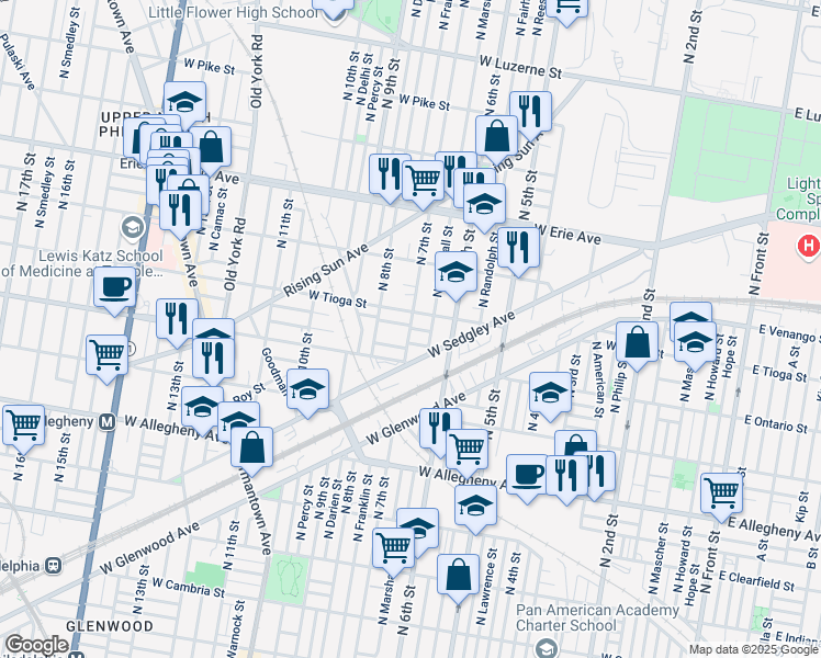 map of restaurants, bars, coffee shops, grocery stores, and more near North 7th Street in Philadelphia