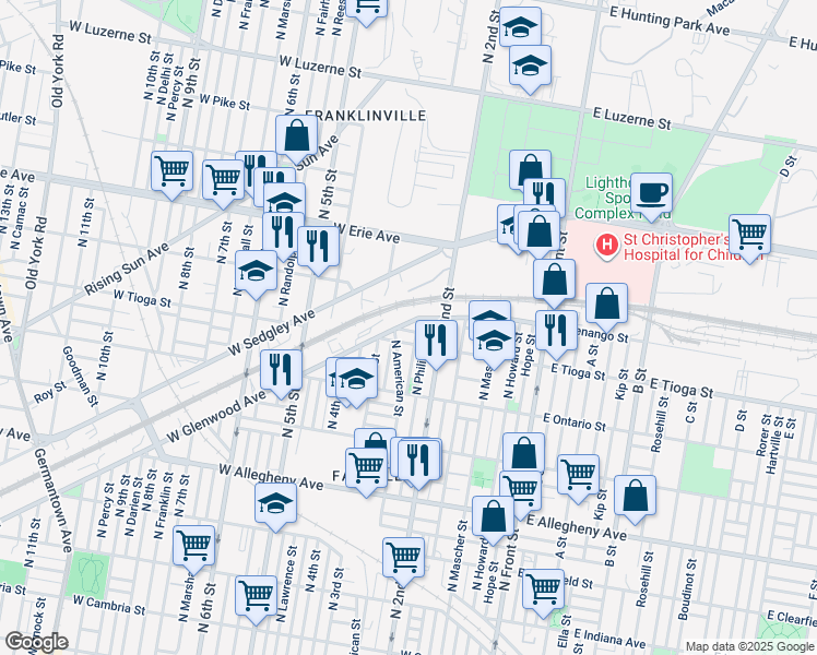 map of restaurants, bars, coffee shops, grocery stores, and more near 238 West Glenwood Avenue in Philadelphia