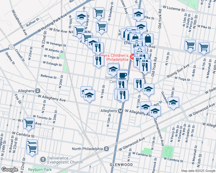 map of restaurants, bars, coffee shops, grocery stores, and more near 3332 North Sydenham Street in Philadelphia