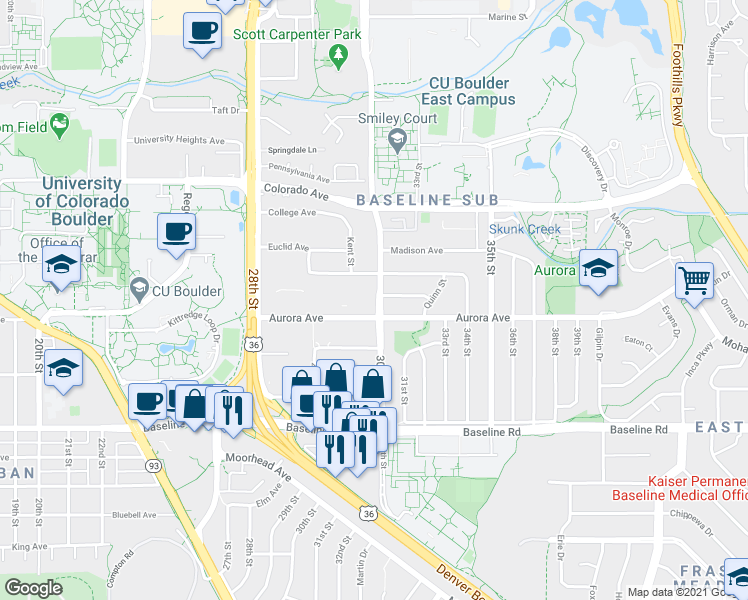 map of restaurants, bars, coffee shops, grocery stores, and more near 995 30th Street in Boulder