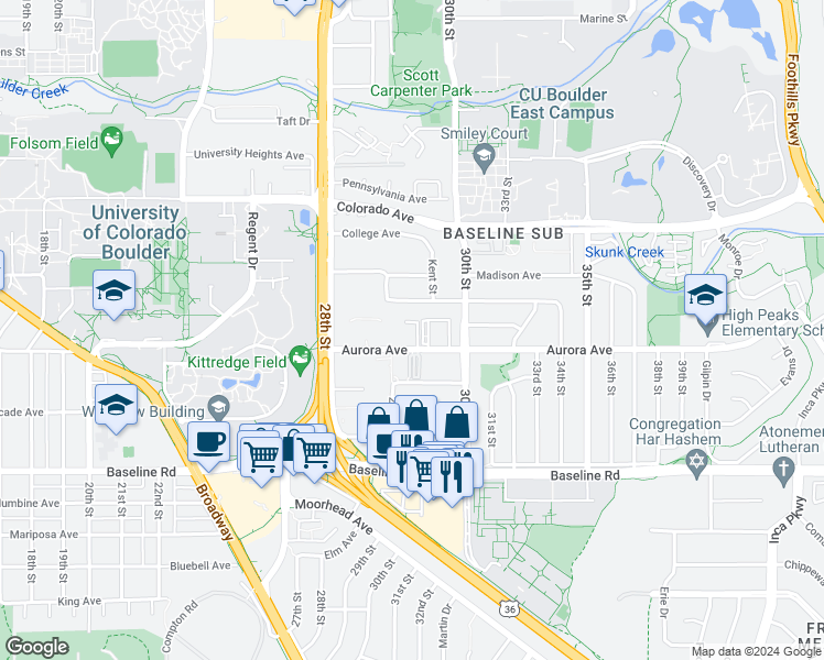 map of restaurants, bars, coffee shops, grocery stores, and more near 2980 Euclid Avenue in Boulder