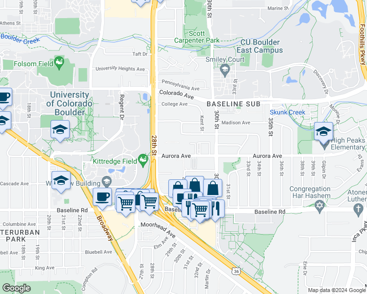 map of restaurants, bars, coffee shops, grocery stores, and more near 1055 Adams Circle in Boulder
