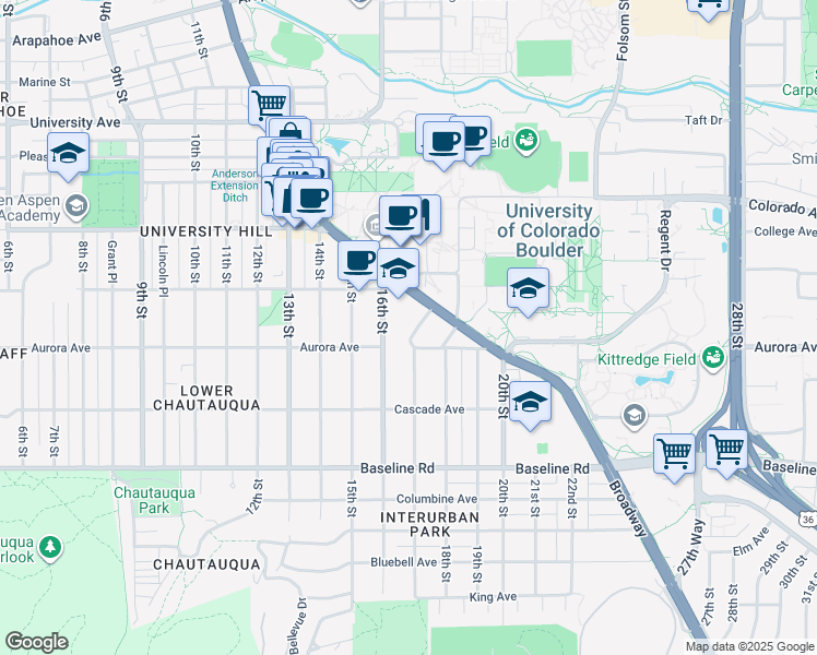map of restaurants, bars, coffee shops, grocery stores, and more near 956 16th Street in Boulder