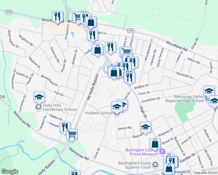 map of restaurants, bars, coffee shops, grocery stores, and more near 36 Regency Drive in Mount Holly