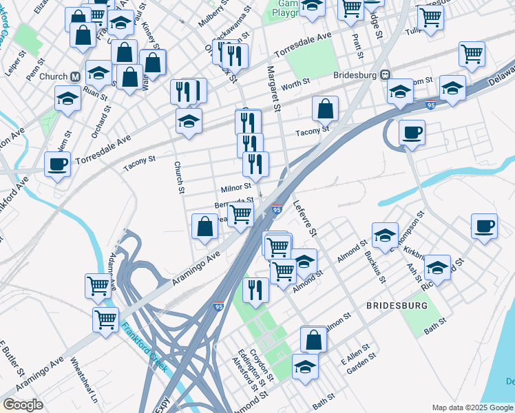 map of restaurants, bars, coffee shops, grocery stores, and more near 2410 Orthodox Street in Philadelphia