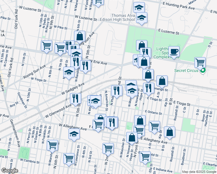 map of restaurants, bars, coffee shops, grocery stores, and more near 221 West Glenwood Avenue in Philadelphia