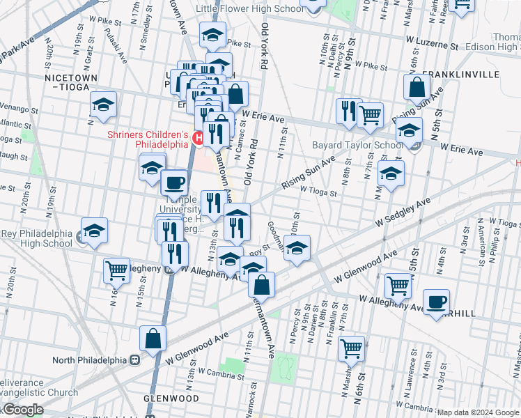 map of restaurants, bars, coffee shops, grocery stores, and more near 1109 Rising Sun Avenue in Philadelphia