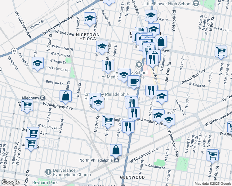map of restaurants, bars, coffee shops, grocery stores, and more near 1614 West Ontario Street in Philadelphia