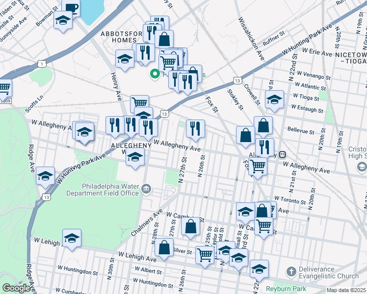 map of restaurants, bars, coffee shops, grocery stores, and more near 3223 North Etting Street in Philadelphia