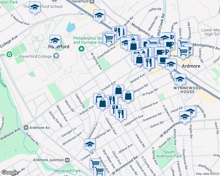 map of restaurants, bars, coffee shops, grocery stores, and more near 1 West Spring Avenue in Ardmore