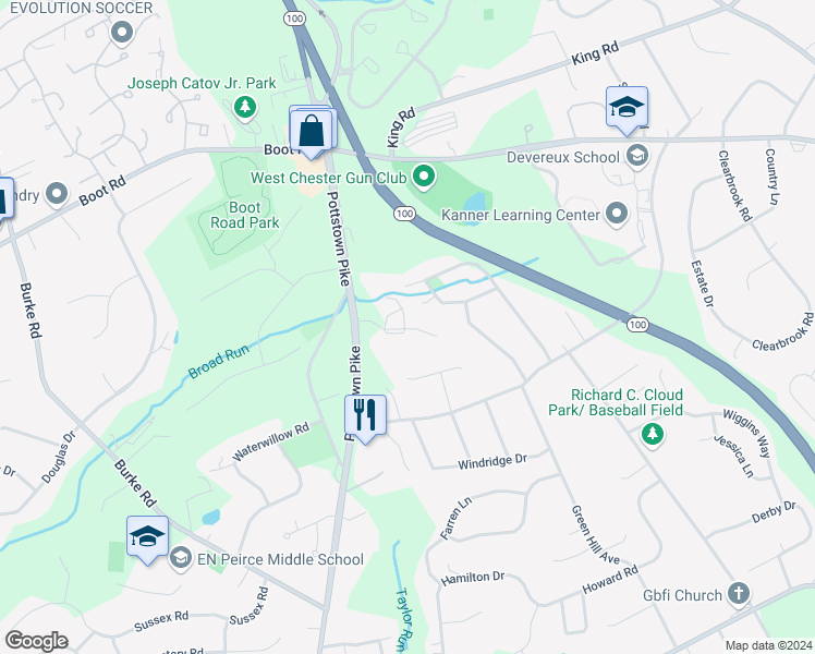 map of restaurants, bars, coffee shops, grocery stores, and more near 1372 Glen Echo Road in West Chester