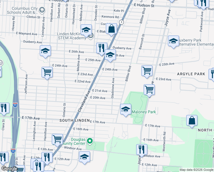 map of restaurants, bars, coffee shops, grocery stores, and more near 1401 East 23rd Avenue in Columbus