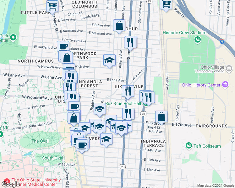 map of restaurants, bars, coffee shops, grocery stores, and more near in Columbus