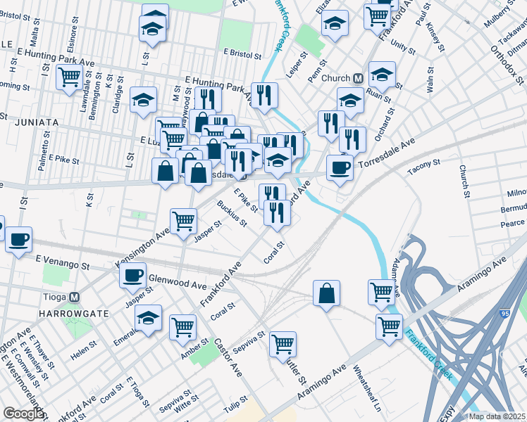 map of restaurants, bars, coffee shops, grocery stores, and more near 1929 East Pike Street in Philadelphia