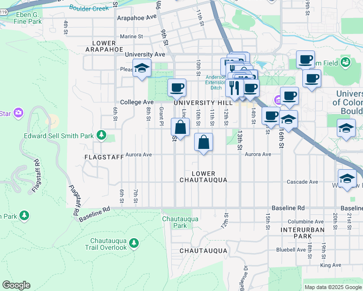 map of restaurants, bars, coffee shops, grocery stores, and more near 931 Lincoln Place in Boulder