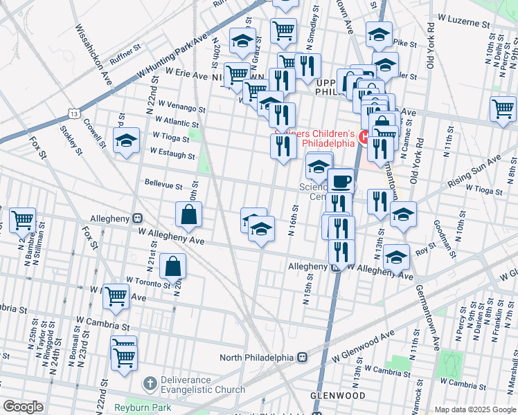 map of restaurants, bars, coffee shops, grocery stores, and more near 3317 North Bouvier Street in Philadelphia