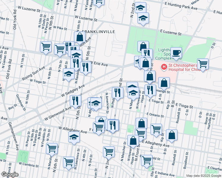 map of restaurants, bars, coffee shops, grocery stores, and more near 230 West Glenwood Avenue in Philadelphia