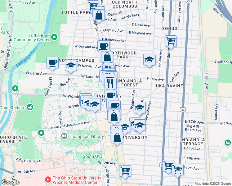 map of restaurants, bars, coffee shops, grocery stores, and more near 30 East Woodruff Avenue in Columbus