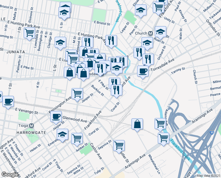 map of restaurants, bars, coffee shops, grocery stores, and more near 1929 East Pike Street in Philadelphia
