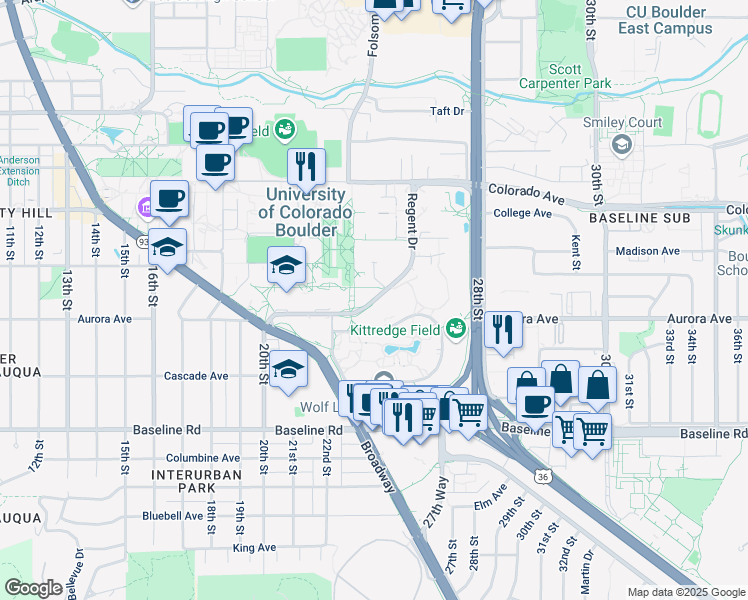 map of restaurants, bars, coffee shops, grocery stores, and more near Regent Drive in Boulder