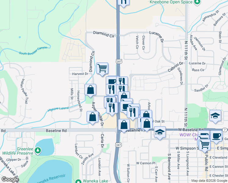 map of restaurants, bars, coffee shops, grocery stores, and more near 1137 Diamond Circle in Lafayette