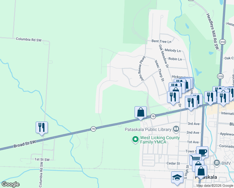 map of restaurants, bars, coffee shops, grocery stores, and more near 200 Broad Street Southwest in Pataskala