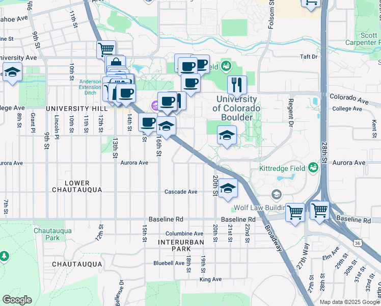 map of restaurants, bars, coffee shops, grocery stores, and more near 943 Broadway in Boulder