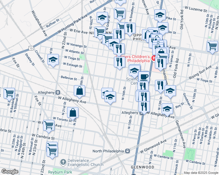 map of restaurants, bars, coffee shops, grocery stores, and more near 3319 North Bouvier Street in Philadelphia