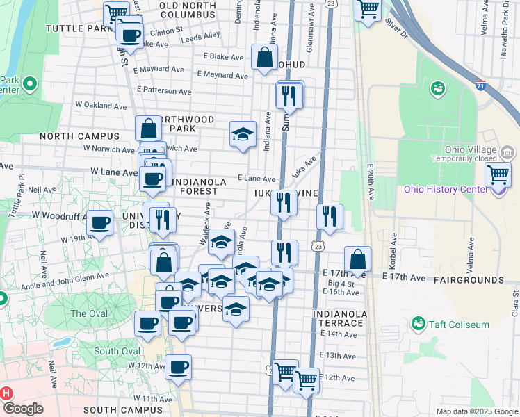 map of restaurants, bars, coffee shops, grocery stores, and more near 2047 Iuka Avenue in Columbus