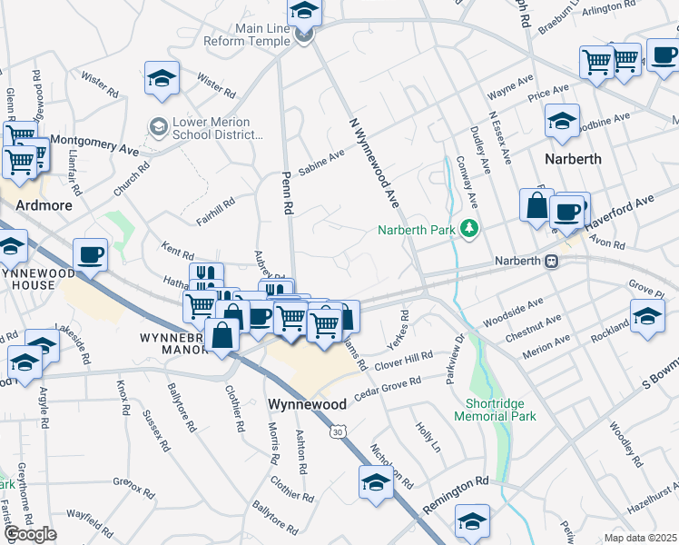 map of restaurants, bars, coffee shops, grocery stores, and more near 325 Penn Road in Wynnewood