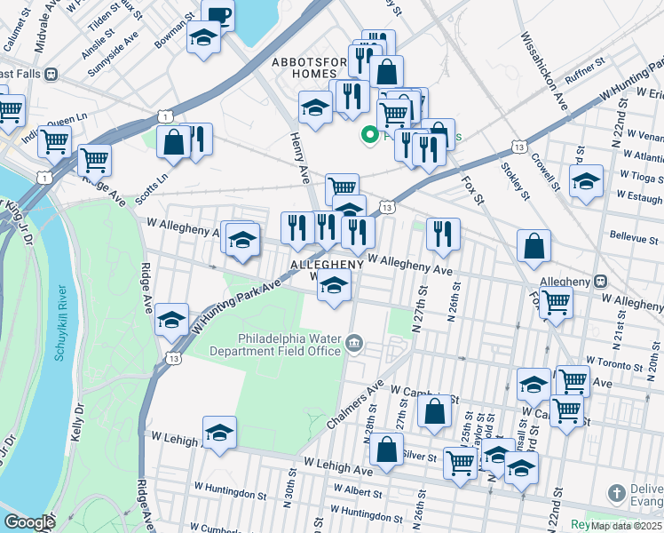 map of restaurants, bars, coffee shops, grocery stores, and more near 2947 West Wishart Street in Philadelphia