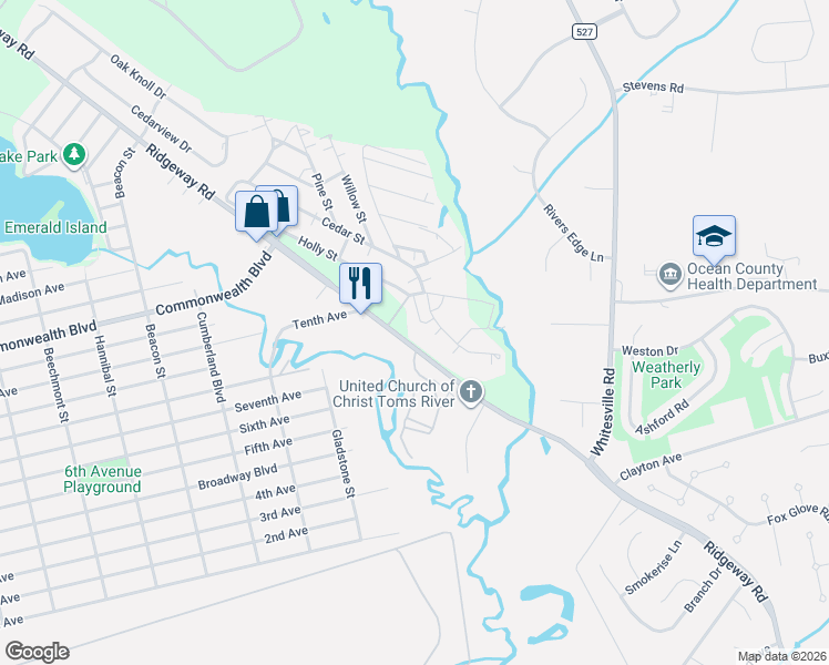 map of restaurants, bars, coffee shops, grocery stores, and more near 1800 Ridgeway Road in Toms River