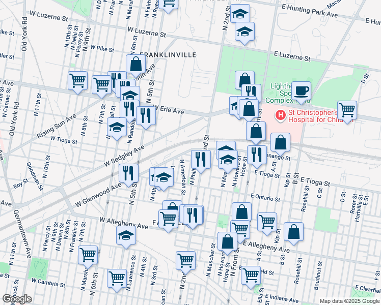 map of restaurants, bars, coffee shops, grocery stores, and more near 230 West Glenwood Avenue in Philadelphia