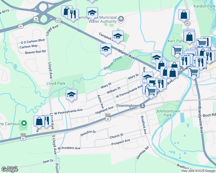 map of restaurants, bars, coffee shops, grocery stores, and more near 402 Mary Street in Downingtown