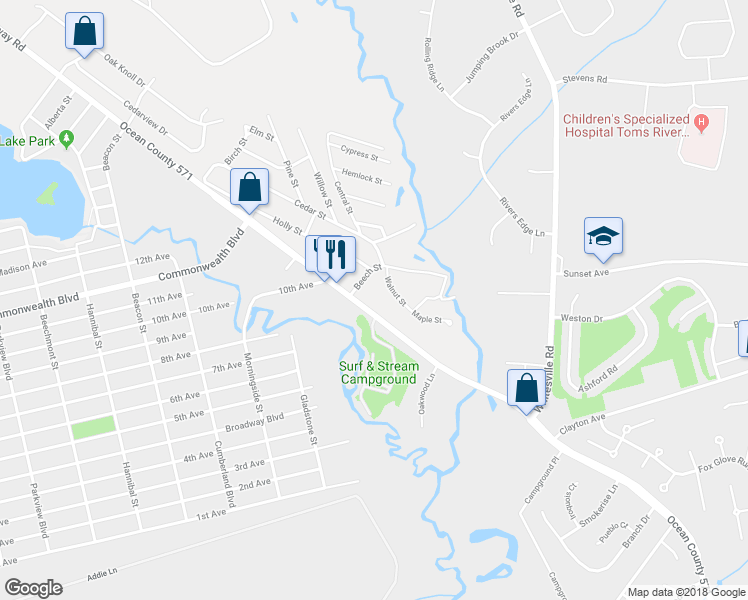 map of restaurants, bars, coffee shops, grocery stores, and more near 1800 Ridgeway Road in Toms River