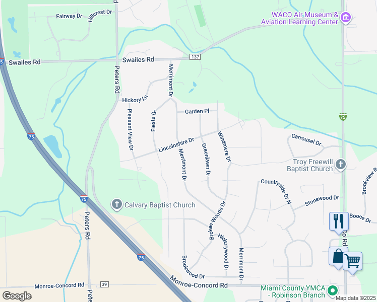 map of restaurants, bars, coffee shops, grocery stores, and more near 2275 Merrimont Drive in Troy