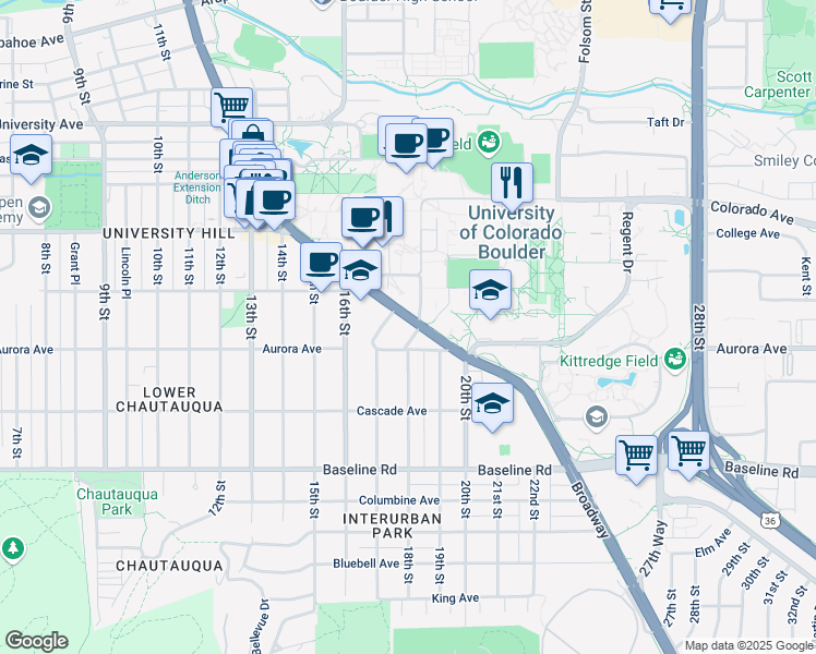 map of restaurants, bars, coffee shops, grocery stores, and more near 955 Colorado 93 in Boulder
