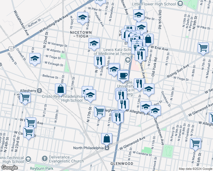 map of restaurants, bars, coffee shops, grocery stores, and more near 3325 North 16th Street in Philadelphia