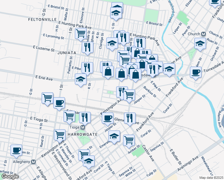 map of restaurants, bars, coffee shops, grocery stores, and more near 1341 East Carey Street in Philadelphia