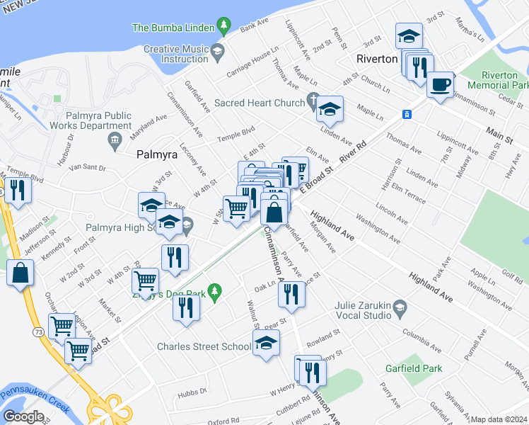 map of restaurants, bars, coffee shops, grocery stores, and more near 3 East Broad Street in Palmyra